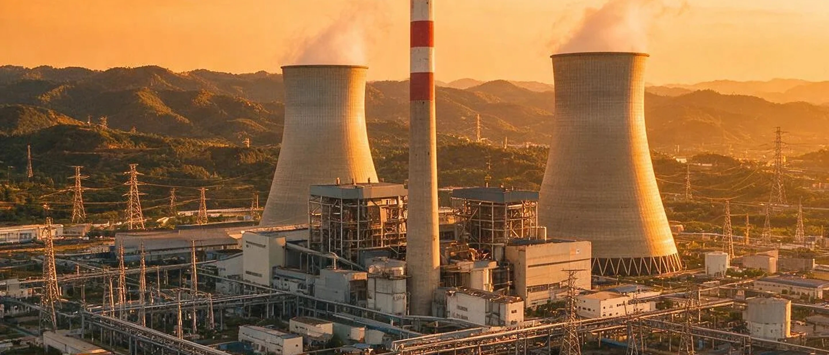 Storage tanks and process towers at a petroleum refinery at sunset