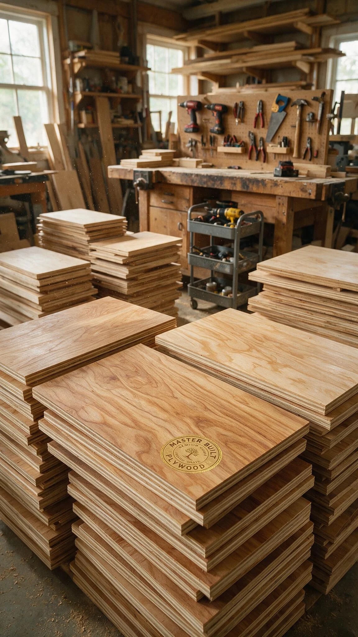 Sheets of plywood stacked in a yard