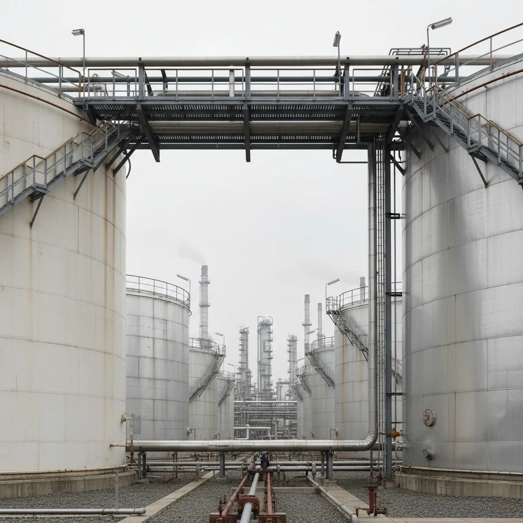 Refinery towers and storage tanks