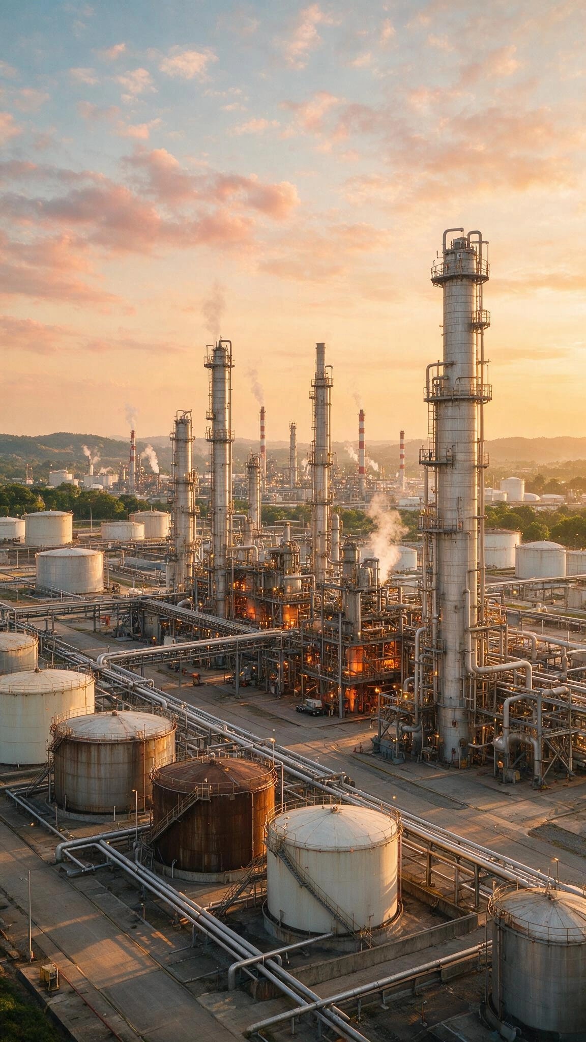 Storage tanks and process towers at an oil refinery at sunset